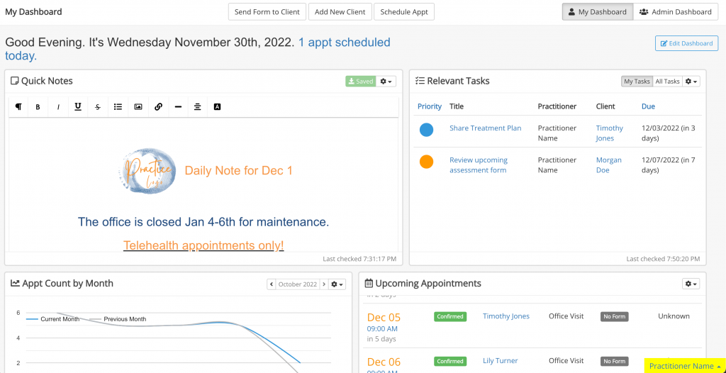 screenshot showing intakeQ patient communication dashboard