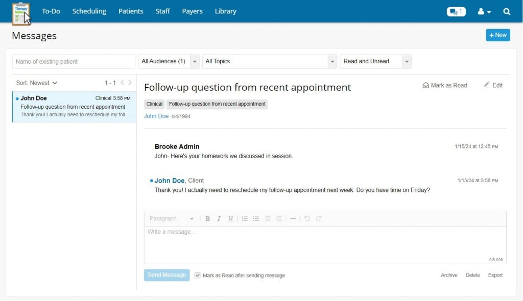 therapynotes patient texting dashboard image