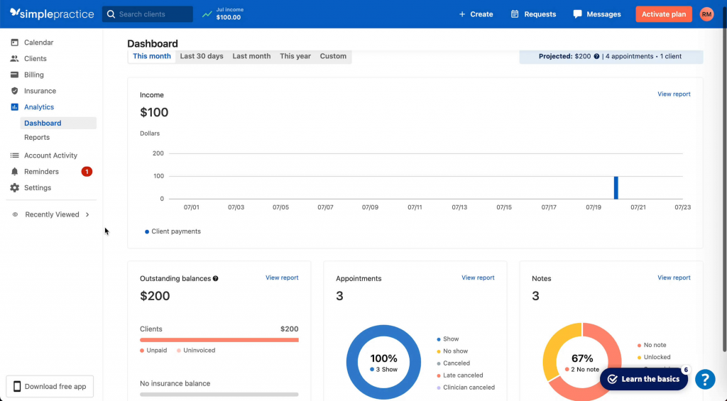 SimplePractice dashboard