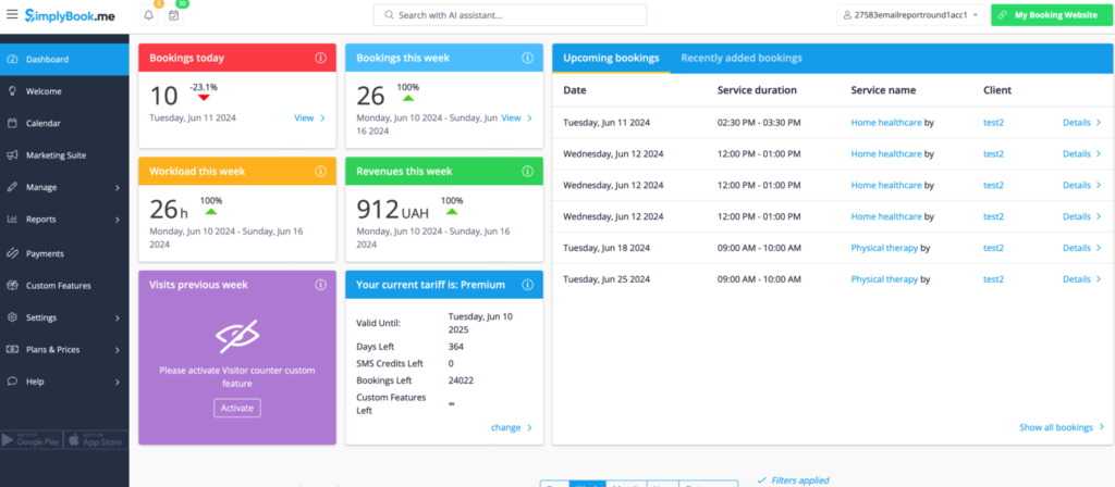 SimplyBook.me dashboard