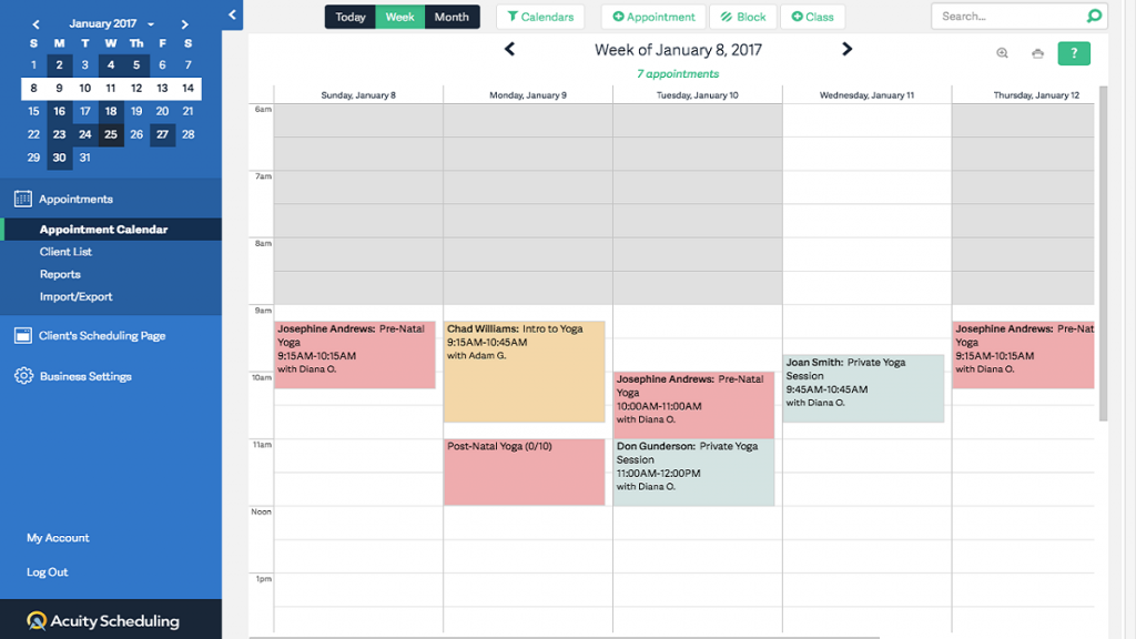 Acuity Scheduling dashboard
