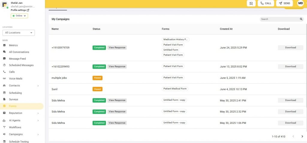 screenshort showing emitrr patient intake dashboard