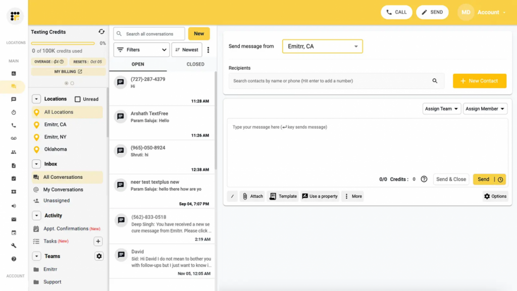 screenshot showing emitrr's patient texting dashboard