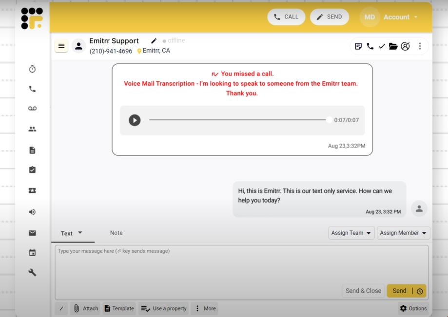 Screenshot showing emitrr's Ai voicemail transcription
