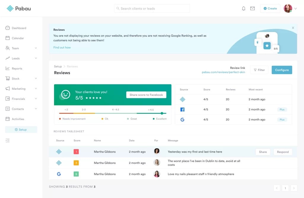 screenshot showing pabau patient communication dashboard