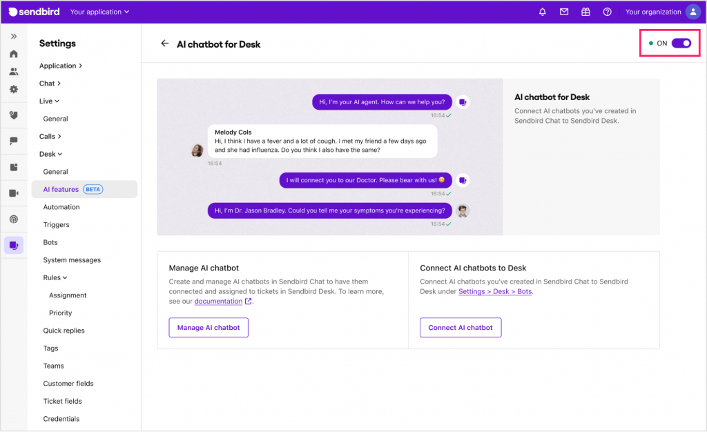dashboard image of sendbird conversational ai