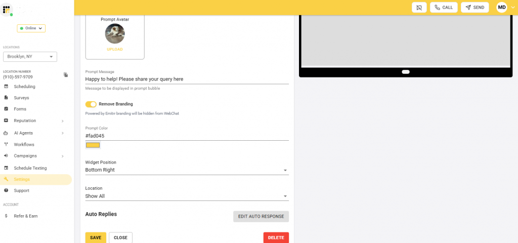screenshot showing emitrr's website ai chatbot