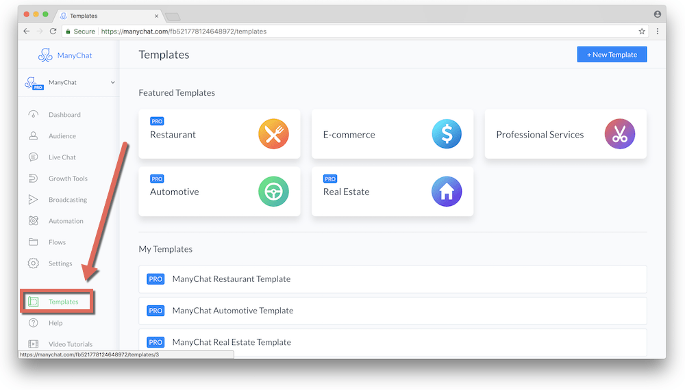 screenshot showing manychat's dashboard
