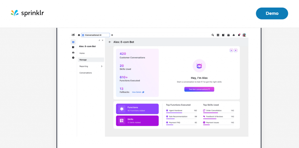 screenshot showing dashboard of sprinklr conversational ai