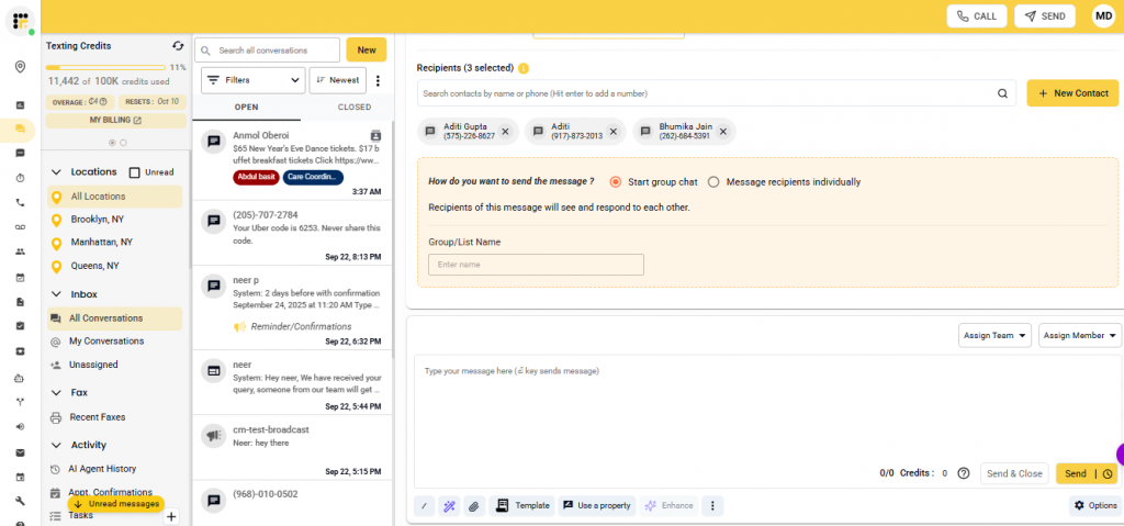 Screenshot showing emitrr's group texting dashboard