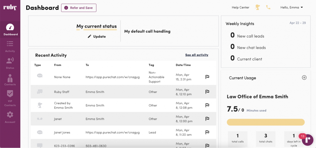 Ruby Receptionist Dashboard