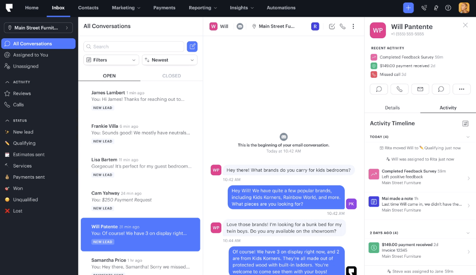 screenshot of podium texting dashboard