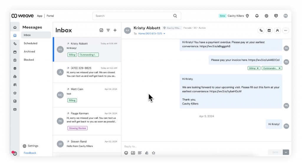 screenshot of weave texting dashboard