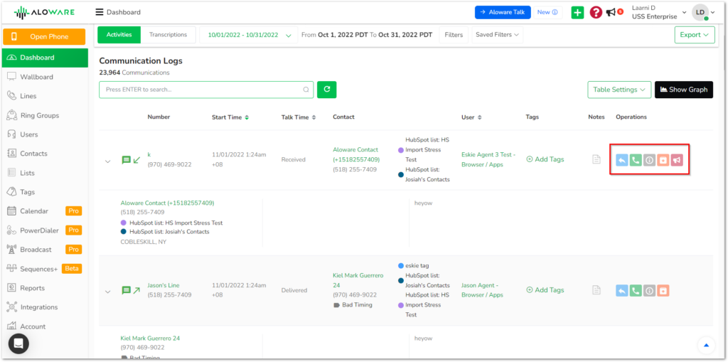 aloware dashboard image
