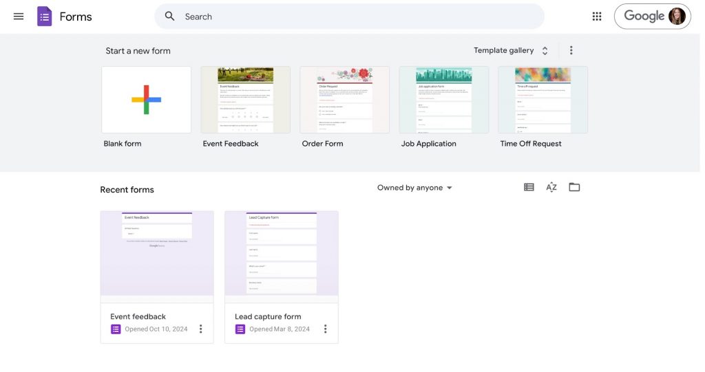 Google Forms dashboard