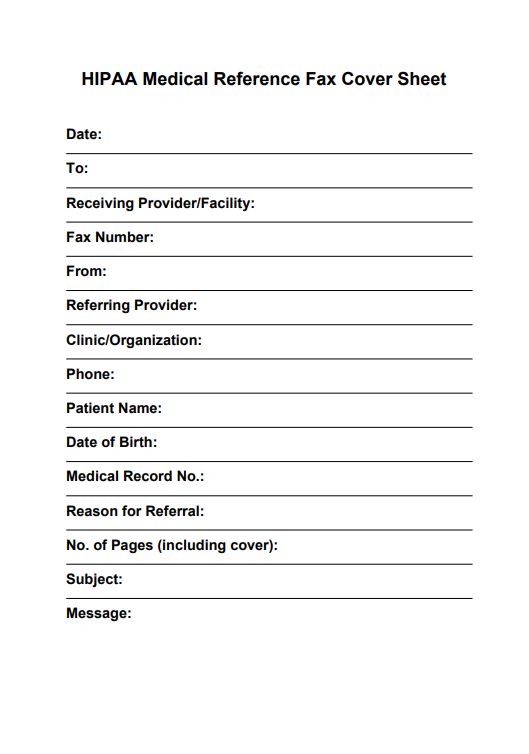 HIPAA Medical Reference Fax Cover Sheet