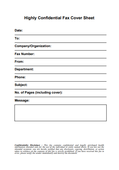 Highly Confidential Fax Cover Sheet
