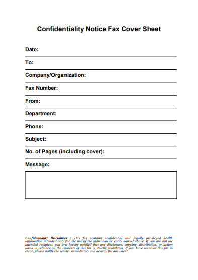 Confidentiality Notice Fax Cover Sheet