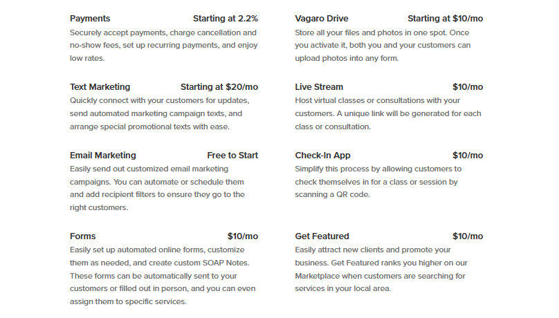 screenshot showing Vagaro add on Pricing