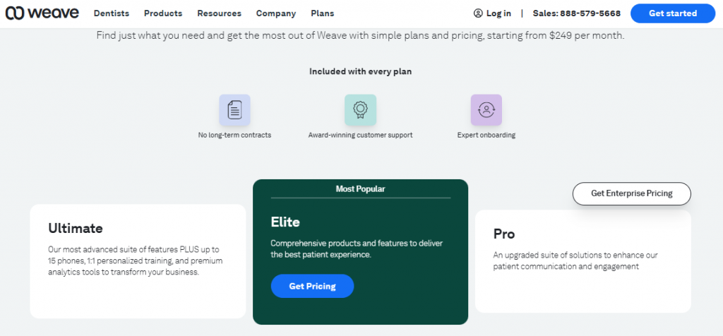 screenshot showing weave pricing and plans