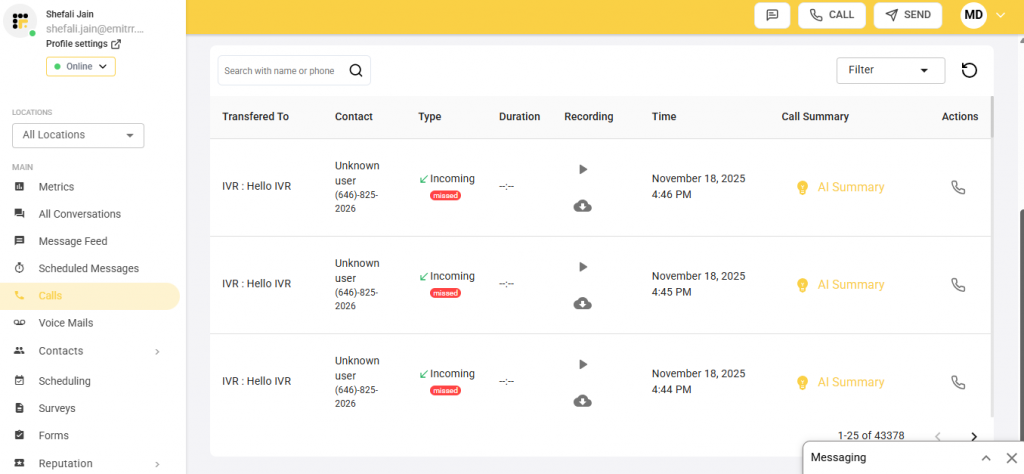dashboard screenshot of Emitrr's VoIP 
