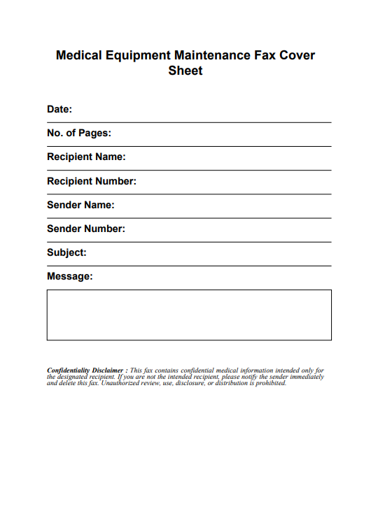 Medical Equipment Maintenance Fax Cover Sheet