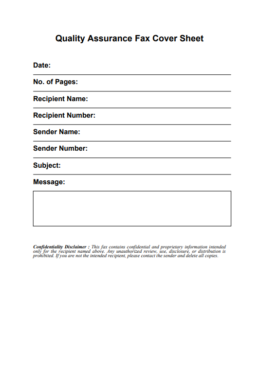 Quality Assurance Fax Cover Sheet