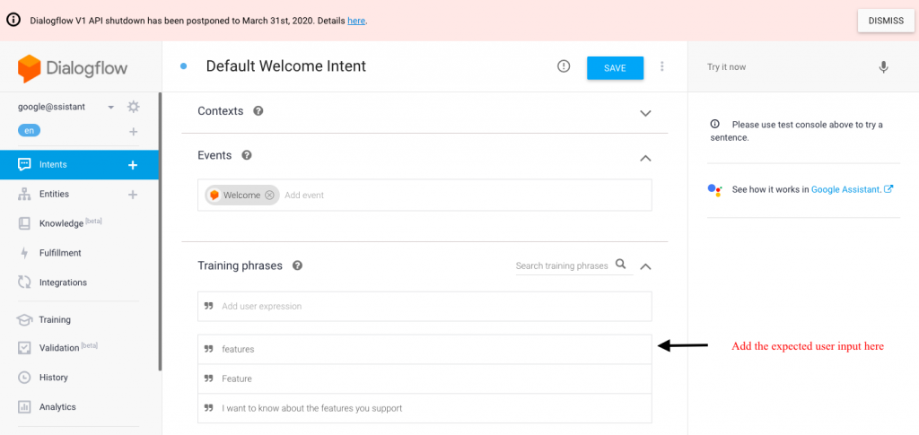 dialogflow dashboard