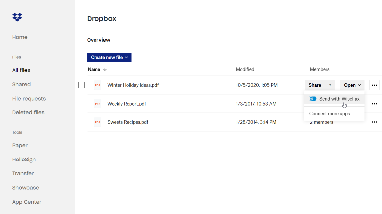 Dropbox Fax dashboard