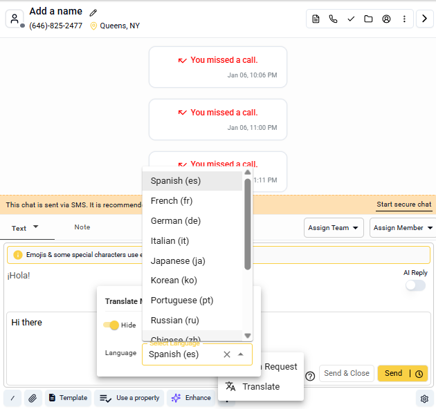 dashboard screenshot showing emitrr's translation text feature