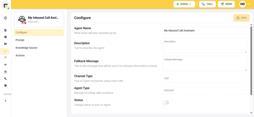 screenshot showing creating ai agent on emitrr