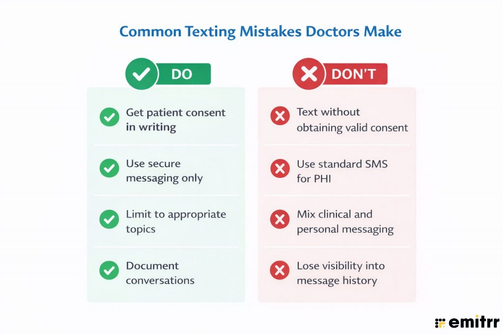 Checklist of common texting mistakes doctors make and best practices for secure patient communication