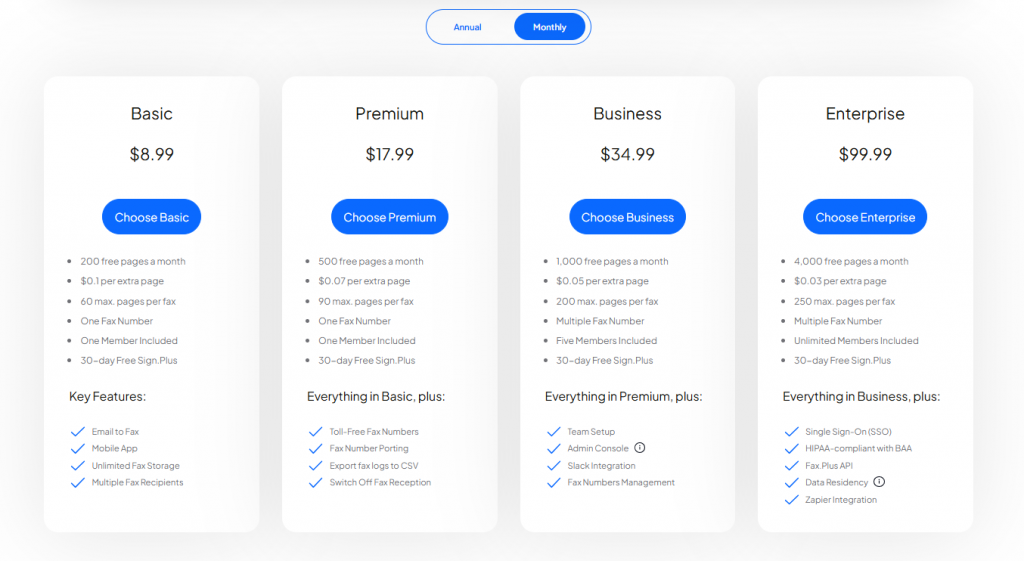 Fax.Plus Pricing Plans (Monthly)